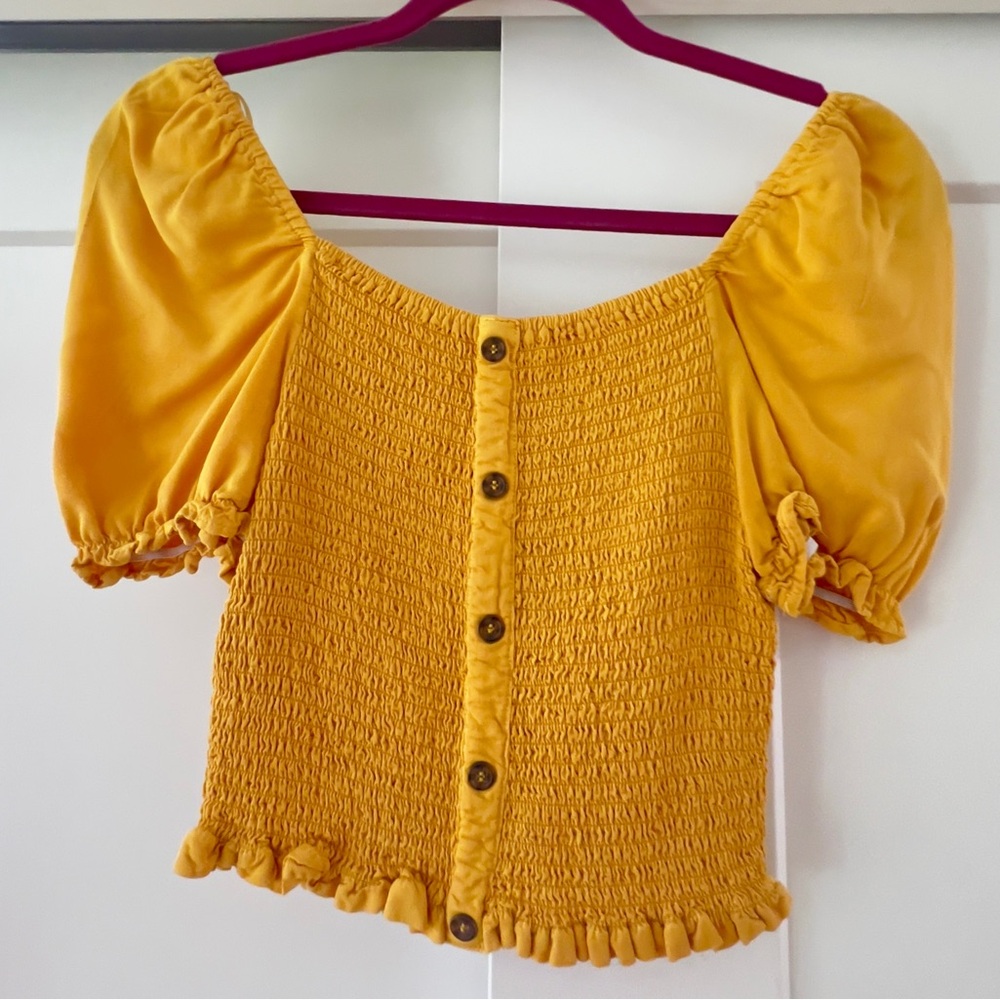 Love Tree Mustard Smocked Puff Sleeve Blouse